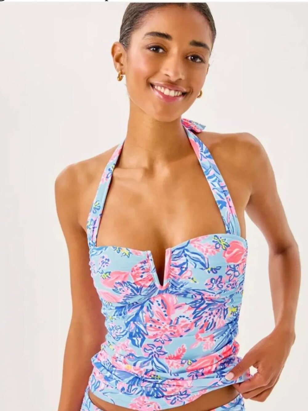 Lilly Pulitzer Peggi Tankini Top Floral Halter Underwire Blue Pink Size 16